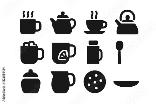 Warm Beverages Icons. Warm Beverages. Solid icon set of Warm Beverages: coffee mug, teapot, cup with steam, kettle, cocoa with marshmallow, mug with lemon,