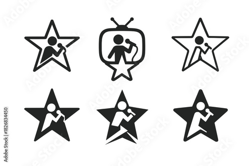 TV Singing Icon Set. Singing for TV shows and live performances. Icon set. Set Logo of singing for TV shows and live performances: star-shaped stage.