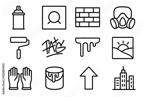 Street Art Icons. Street art. Line icon set of street art: spray can, stencil, wall, mask, roller brush, graffiti tag, dripping paint, mural, gloves, bucket,