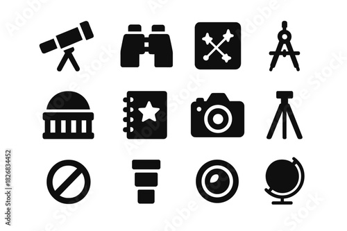 Astronomy Tools Icons. Astronomy tools. Solid icon set of astronomy tools: telescope, binoculars, star chart, compass, planetarium, notebook, camera, tripod,