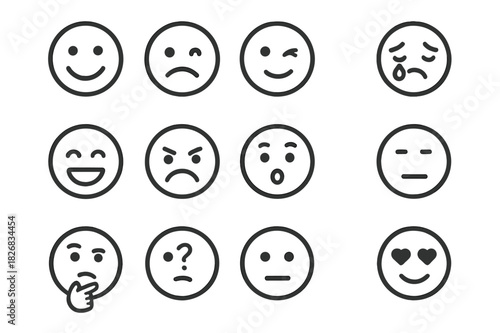 Facial Reaction Icons. Facial reactions. Line icon set of facial reactions: smiling face, frowning face, winking face, crying face, laughing face, angry face,