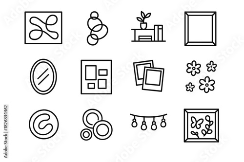 Artistic Wall Icon Set. Artistic wall decor. Line icon set of artistic wall decor: abstract canvas, metal sculpture, wall shelves, framed quote, mirror,