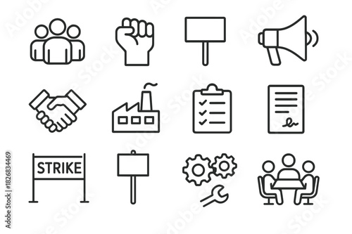 Labor Union Icons. Labor Unions. Line icon set of Labor Unions: group of people, raised fist, protest sign, megaphone, handshake, factory building, clipboard,