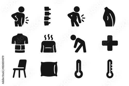 Back Pain Icons. Muscle Strain. Solid icon set of person holding back, muscle, spine, pain lines, back brace, hot pack, chair, pillow, stretching pose, medical