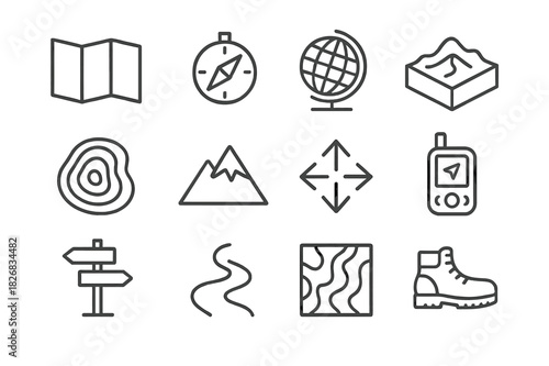 Geography Outdoors Icons. Geography outdoors. Line icon set of geography outdoors: map icon, compass, globe, terrain model, elevation lines, mountain symbol,