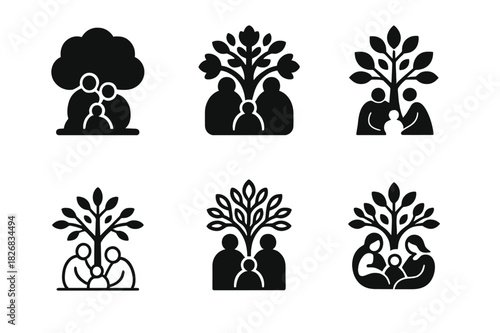 Hopeful Family Icons. Homeless family. Icon set. Set Logo of homeless family: tree of hope. harmonious logo variations of the same emblematic concept, each