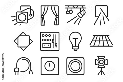 Theatrical Lighting Icons. Theatrical lighting. Line icon set of theatrical lighting: spotlight, curtain, rig, light beam, filter gel, switchboard, bulb, stage