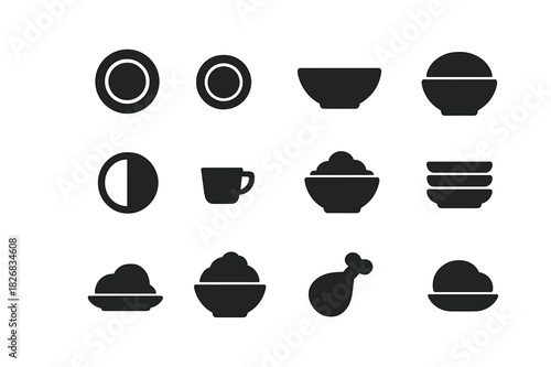 Portion Size Icons. Portion sizes. Solid icon set of Portion sizes: small plate, medium plate, large plate, full bowl, half plate, serving cup, overflowing
