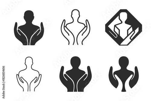 Somatic Therapy Logos. Somatic therapy. Icon set. Set Logo of somatic therapy: hands supporting body outline. harmonious logo variations of the same emblematic