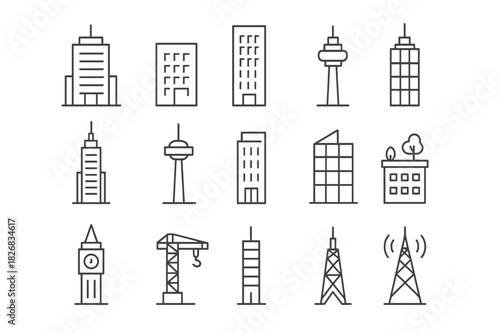 Mixed-Use High-Rise Icons. Mixed-use high-rise. Line icon set of Mixed-use high-rise: mixed-use tower, office building, residential tower,