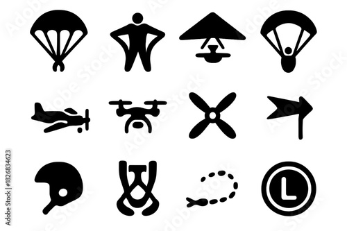 Aerial Sports Icons. Aerial Sports. Solid icon set of Aerial Sports: parachute, wingsuit, hang glider, paraglider, airplane, drone, propeller, wind arrow,