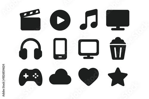Online Entertainment Icons. Online entertainment. Solid icon set of online entertainment: movie clapper, play button, music note, video screen, headphones,