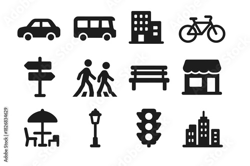 City Life Icons. City life scenes. Solid icon set of city life scenes: car, bus, building, bicycle, street sign, people crossing, park bench, store, cafe,