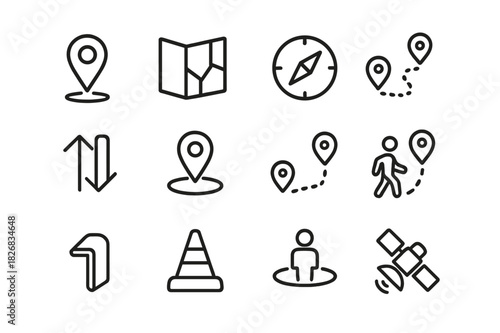 Navigation Icon Set. Navigation Apps. Line icon set of Navigation Apps: GPS pin, map icon, compass, route line, directions arrow, location marker, distance
