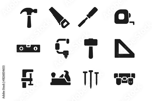 Carpenter Tools Icons. Carpenter tools. Solid icon set of carpenter tools: hammer, saw, chisel, tape measure, level, hand drill, mallet, square ruler, clamps,