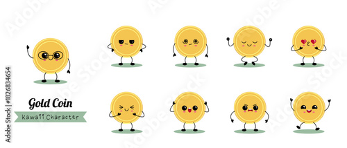 Kawaii gold coin character set with emotions