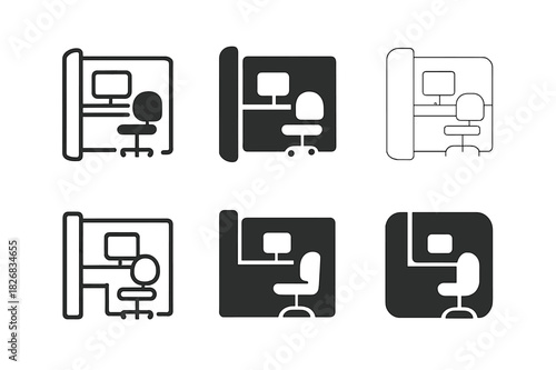 Office Cubicle Logos. Office cubicle. Icon set. Set Logo of office cubicle: employee workspace setup. harmonious logo variations of the same emblematic