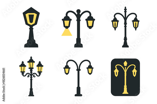Streetlight Logo Variations. Cupcake display. Solid icon set of Cupcake display: cupcake tower, dessert stand, tray of cupcakes, bakery shelf, boxed cupcakes,