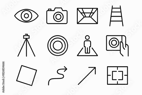 Creative Angle Icons. Creative angles. Line icon set of creative angles: eye, camera, perspective grid, ladder, tripod, lens, low angle, top view, tilt frame,