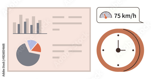 Analytics panel with bar and pie charts, clock face for time relevance, and speedometer graphic. Ideal for data tracking, performance metrics, time management, business planning, productivity