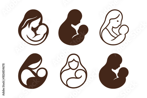 Mother-Child Logo Variations. Birth. Icon set. Set Logo of Birth: mother and child silhouette. harmonious logo variations of the same emblematic concept, each