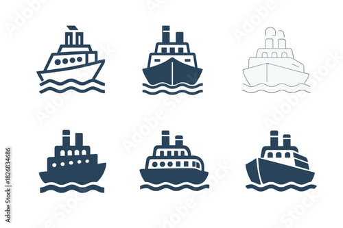 Cruise Logo Variations. Cruise vacations and boat tours. Icon set. Set Logo of cruise vacations and boat tours: riverboat. harmonious logo variations of the