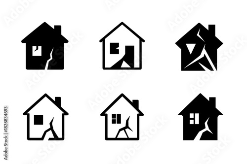 Abandoned House Logos. Dilapidated house with no sign of life. Icon set. Set Logo of abandoned home: cracked walls and no light. harmonious logo variations of
