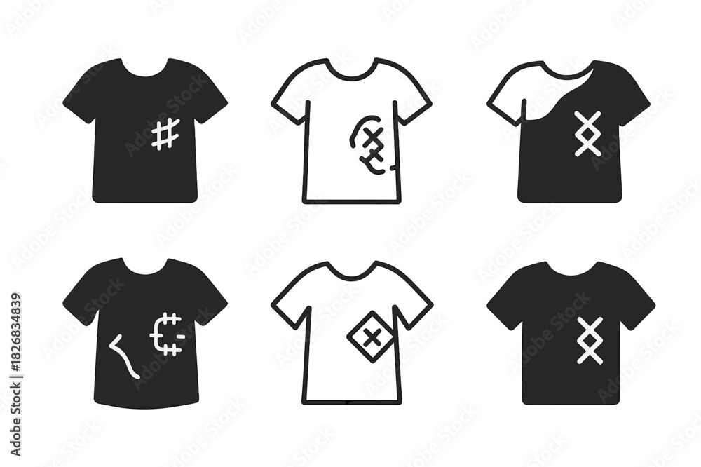 Naklejka premium Worn-Out Clothing Icons. Worn-out clothing. Icon set. Set Logo of worn-out clothing: stitched tear repair. harmonious logo variations of the same emblematic