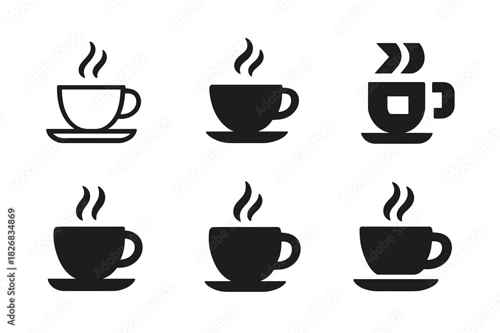 Obraz premium Cafe Logo Variations. cafe. Icon set. Set Logo of cafe: steaming cup of coffee. harmonious logo variations of the same emblematic concept, each with different