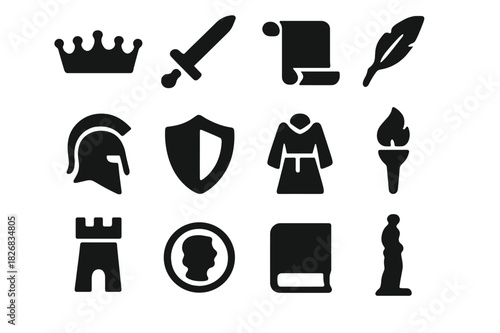 Historical Icons Grid. Historical Characters. Solid icon set of Historical Characters: crown, sword, scroll, quill pen, helmet, shield, robe, torch, castle