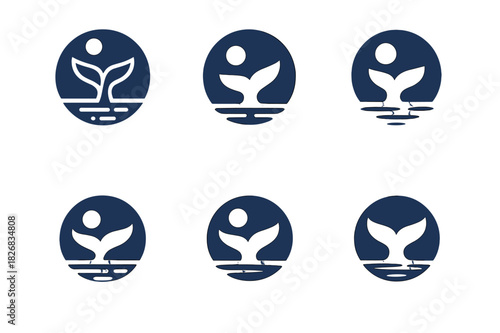 Moonlit Marine Logos. Marine life under moonlit waters. Icon set. Set Logo of marine life under moonlit waters: serene ocean wave under moon. harmonious logo