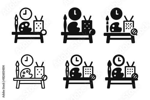 Creative Hobby Icons. setting aside time for hobbies like painting or knitting. Icon set. Set Logo of setting aside time for hobbies like painting or knitting:
