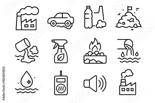 Pollution Sources Icons. Pollution sources. Line icon set of pollution sources: factory smoke, car exhaust, plastic waste, landfill, oil spill, pesticide