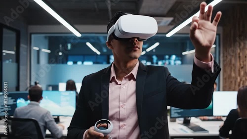 Immersive Business: Man in VR Headset Navigating Virtual Workspace