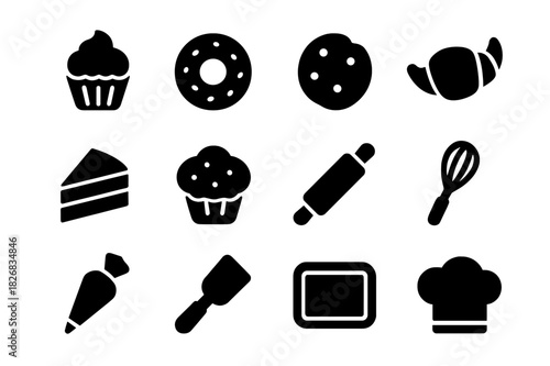 Bakery Icons Grid. Bakery Treats. Solid icon set of Bakery Treats: cupcake, donut, cookie, croissant, cake slice, muffin, rolling pin, whisk, piping bag,