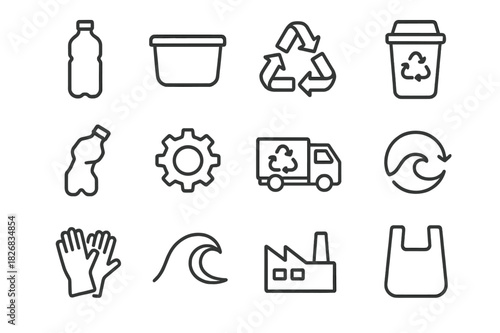 Plastic Recycling Icons. Plastic recycling. Line icon set of plastic recycling: plastic bottle, container, recycle triangle, sorting bin, crushed bottle, gear,