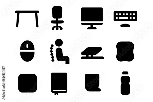 Ergonomic Office Icons. Office Posture Awareness. Solid icon set of desk, chair, monitor, keyboard, mouse, spine, posture icon, footrest, lumbar support,