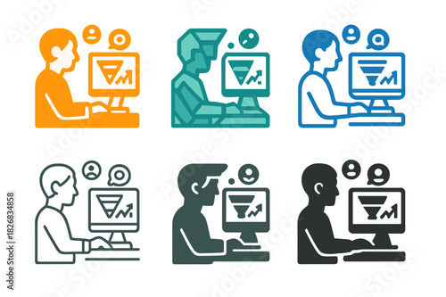 Digital Marketing Logos. A digital marketing expert analyzing social media performance on a computer. Icon set. Set Logo of a digital marketing