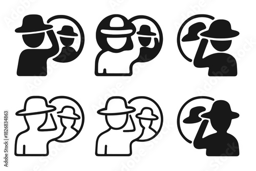 Hat Reflection Icons. Trying on a hat in a mirror. Icon set. Set Logo of trying on a hat: reflection of hat in mirror. harmonious logo variations of the same