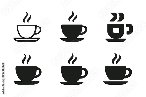 Cafe Logo Variations. cafe. Icon set. Set Logo of cafe: steaming cup of coffee. harmonious logo variations of the same emblematic concept, each with different