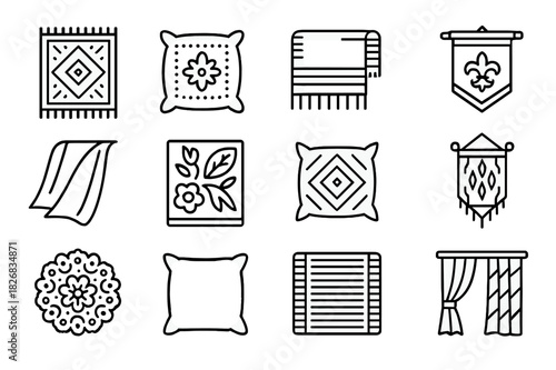 Decorative Textile Icons. Decorative textiles. Line icon set of decorative textiles: patterned rug, embroidered pillow, woven blanket, tapestry, silk throw,