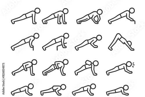 Push-Up Icon Set. Push-Up Variations. Line icon set of Push-Up Variations: standard push-up, wide-arm push-up, diamond push-up, incline push-up, decline