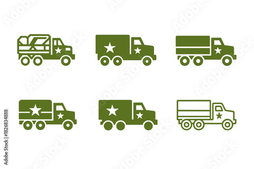 Military Convoy Logos. Military convoy. Icon set. Set Logo of military convoy: Supply trucks with star emblem. harmonious logo variations of the same