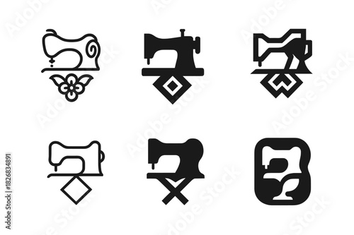 Custom Clothing Icons. Personalized fashion and custom clothing. Icon set. Set Logo of personalized fashion and custom clothing: sewing machine stitching a