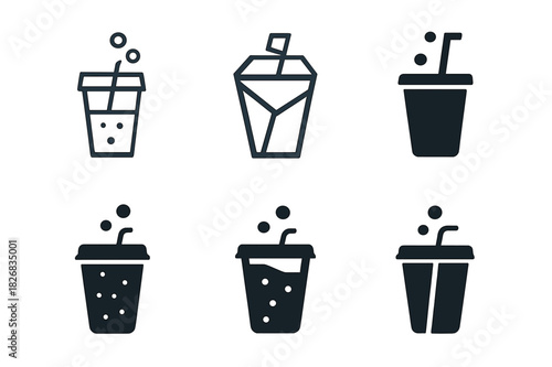Soda Pop Icons. Soda pop. Icon set. Set Logo of soda pop: cup with straw and fizz. harmonious logo variations of the same emblematic concept, each with
