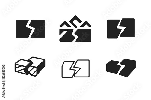 Earthquake Hazard Icons. Earthquake hazards. Icon set. Set Logo of earthquake hazards: Tectonic plate icon. harmonious logo variations of the same emblematic