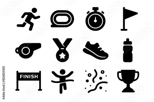 Running Icon Set. Running Competition. Solid icon set of Running Competition: runner, track, stopwatch, flag, whistle, medal, shoe, water bottle, finish line,