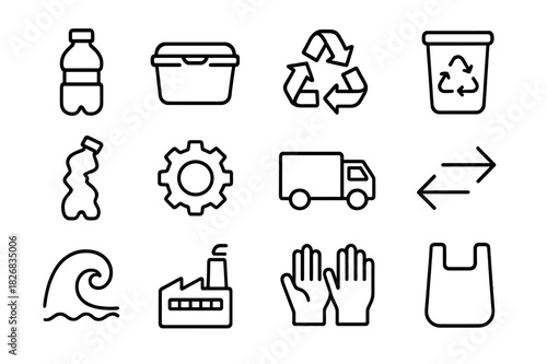 Plastic Recycling Icons. Plastic recycling. Line icon set of plastic recycling: plastic bottle, container, recycle triangle, sorting bin, crushed bottle, gear,