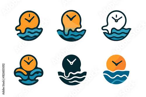 Surreal Climate Icons. Climate change visualizations in surreal art. Icon set. Set Logo of climate change visualizations in surreal art: polar bear on iceberg.