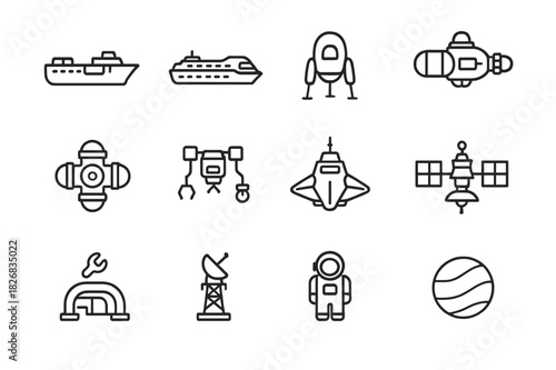 Colonial Transport Icons. Colonial transport fleet. Line icon set of colonial transport fleet: cargo ship, passenger vessel, landing pod, fuel tanker, habitat